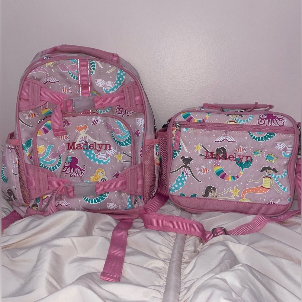 Pottery Barn Kids pink mermaid backpack and lunchbox